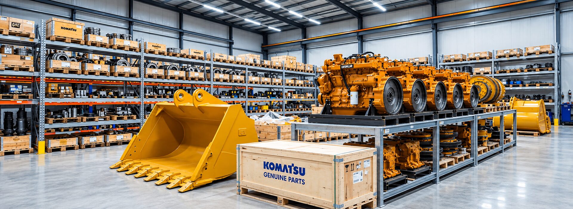Warehouse stocked with earthmoving engines, excavator buckets and genuine parts from Komatsu and Caterpillar
