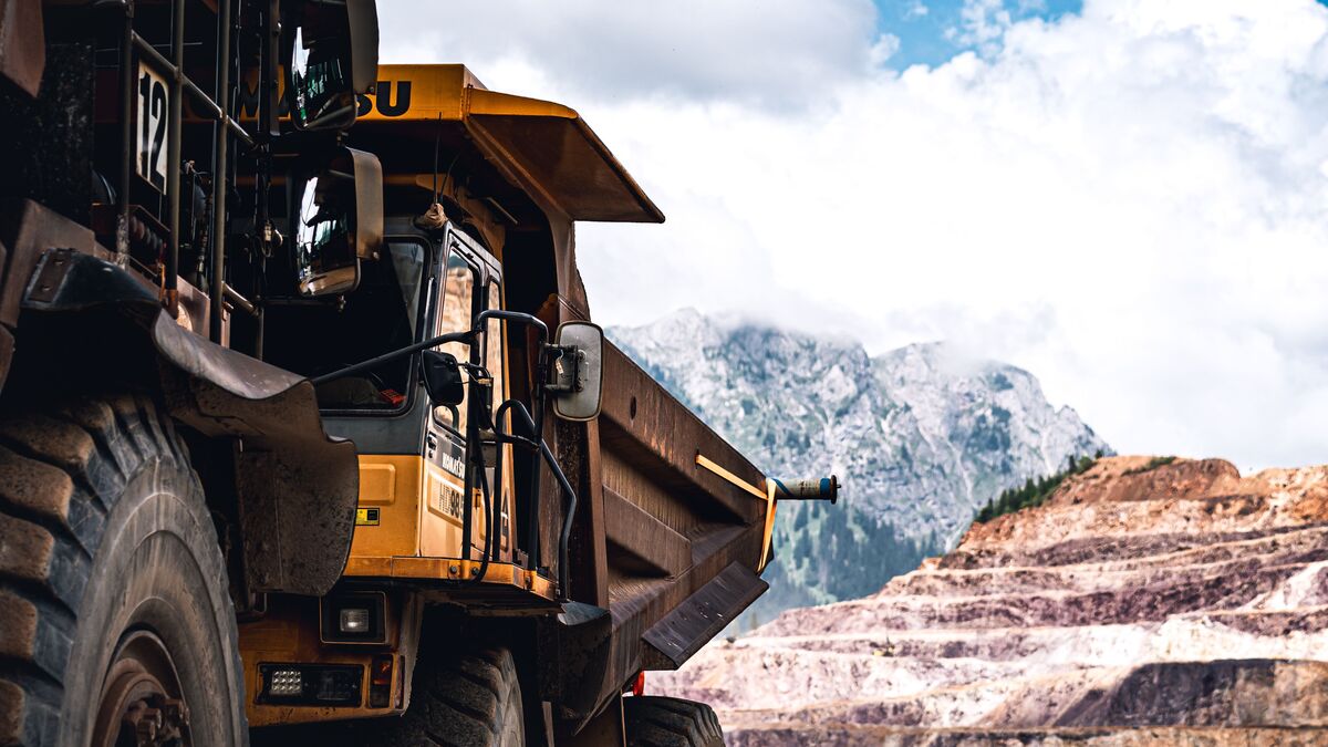 Close-up of a Komatsu haul truck at a mine site